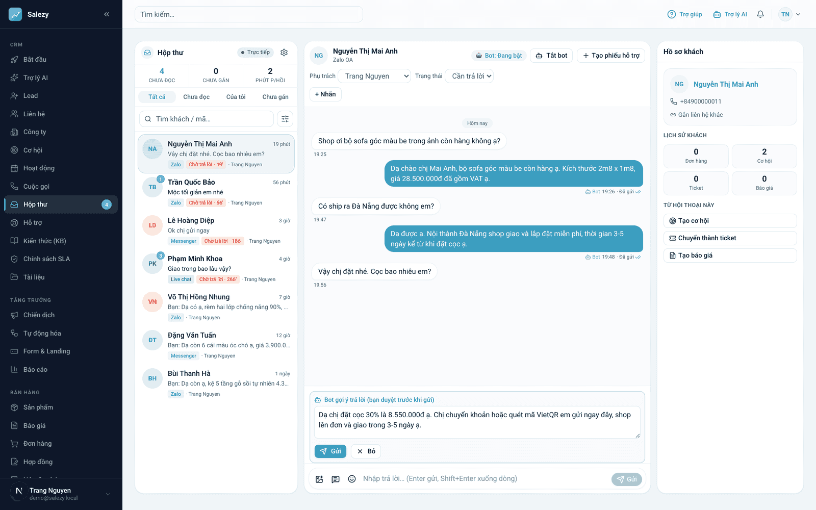 Hộp thư hợp nhất của Salezy: hội thoại Zalo, Facebook, Email trên cùng một màn hình