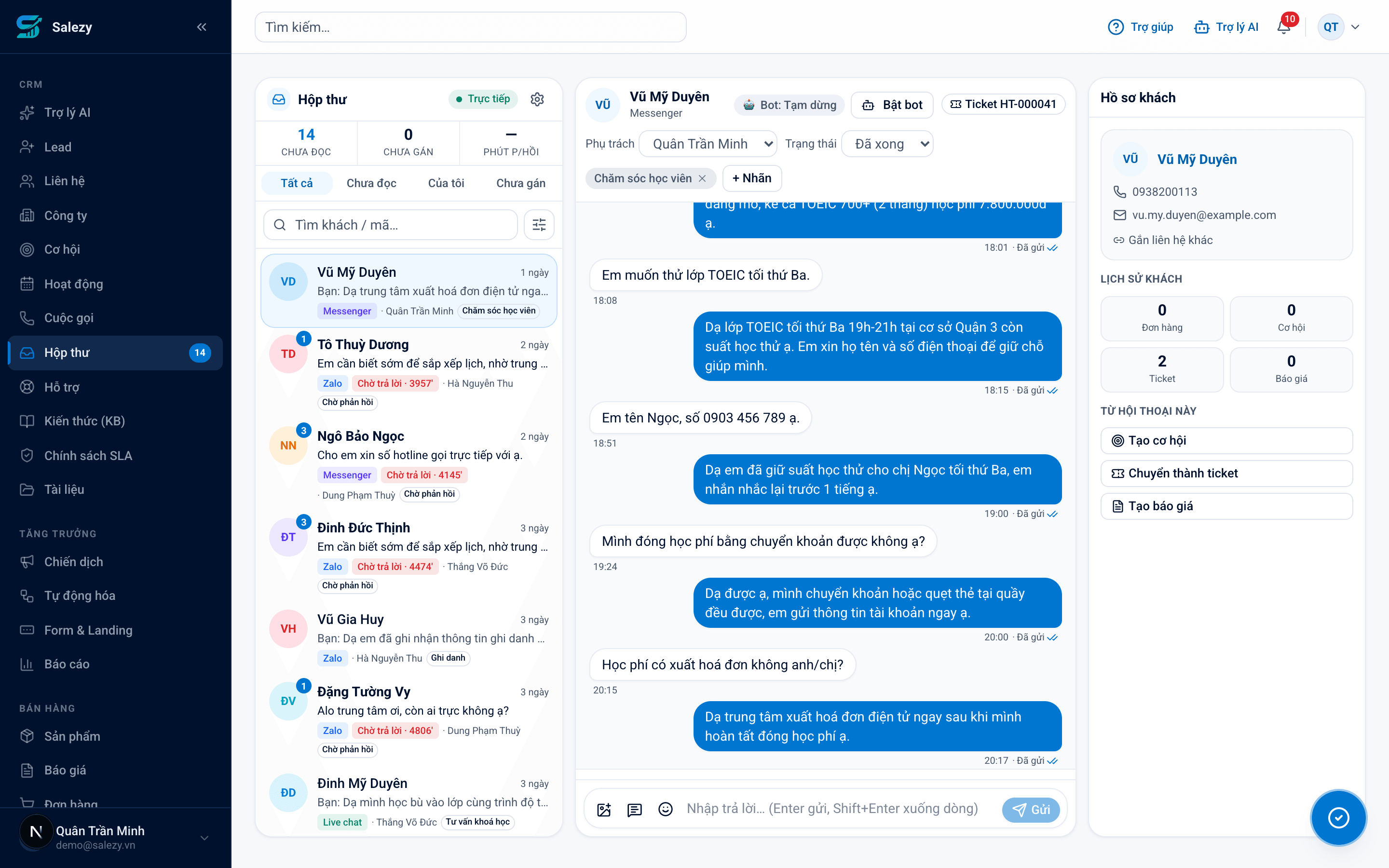 Hộp thư hợp nhất của Salezy: hội thoại Zalo, Facebook, Website trên cùng một màn hình